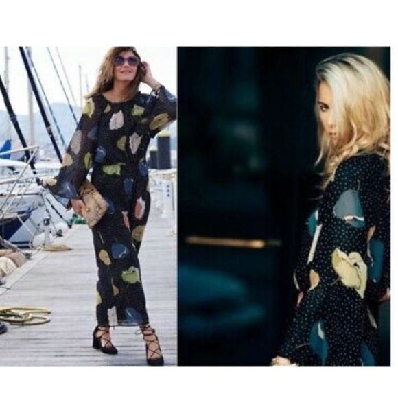 Zara Bloggers Favorite Black Bell Sleeve Wide Leg Cropped Print Jumpsuit XS - Picture 2 of 14